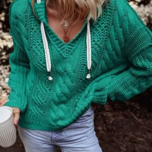 Sea Green Cable Knit V Neck Contrast Drawstring Hooded Sweater