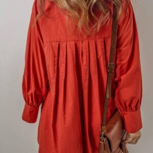 Tomato Red Bishop Sleeve Button Up Pleated Mini Shirt Dress