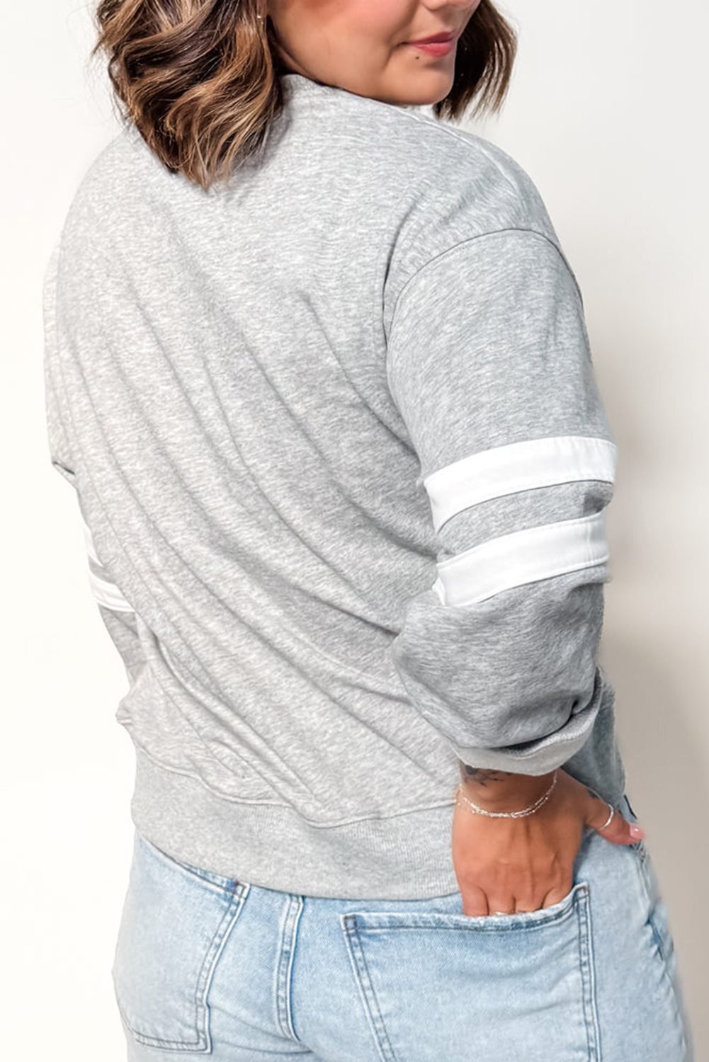 Light Grey Varsity Striped Detail Crew Neck Plus Sweatshirt