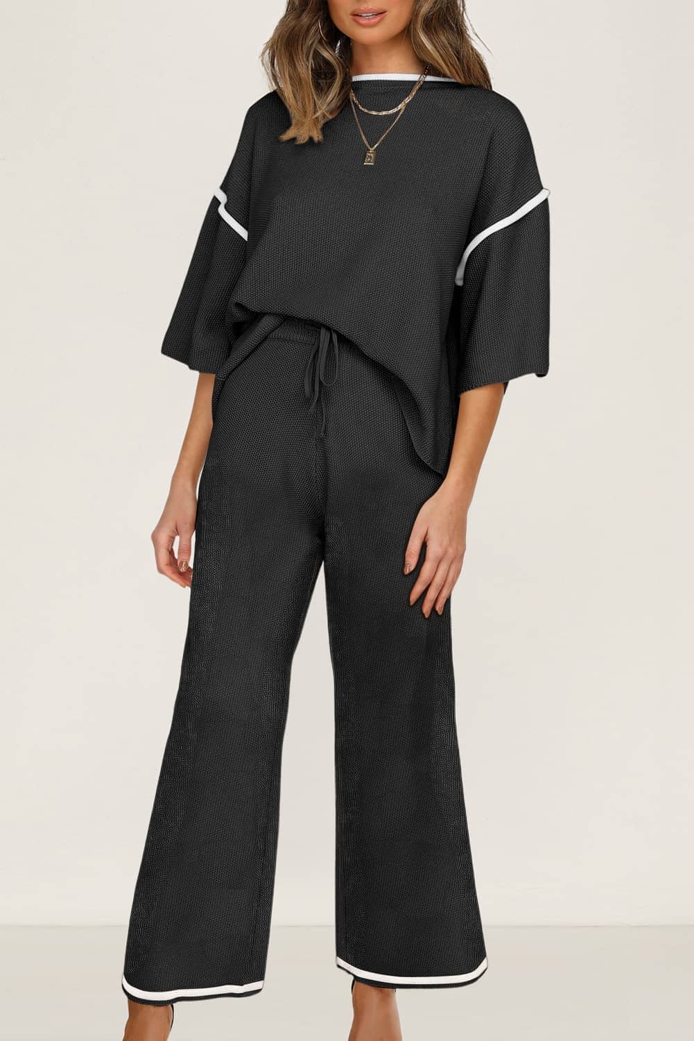 Black Contrast Trim Half Sleeve Top Drawstring Pants Loose 2Pcs Sweater Suit
