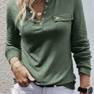 Mist Green Long Sleeve Snap Button Henley Top