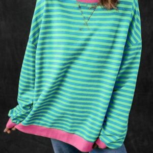 Sky Blue Stripe Oversized Contrast Trim Pullover Sweatshirt