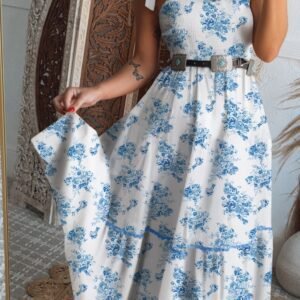 Sky Blue Floral Print Shirred Knot Shoulder Sleeveless Long Dress