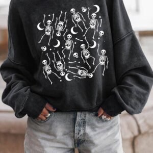 Black Halloween Skeleton Print Drop Sleeve Pullover Sweatshirt
