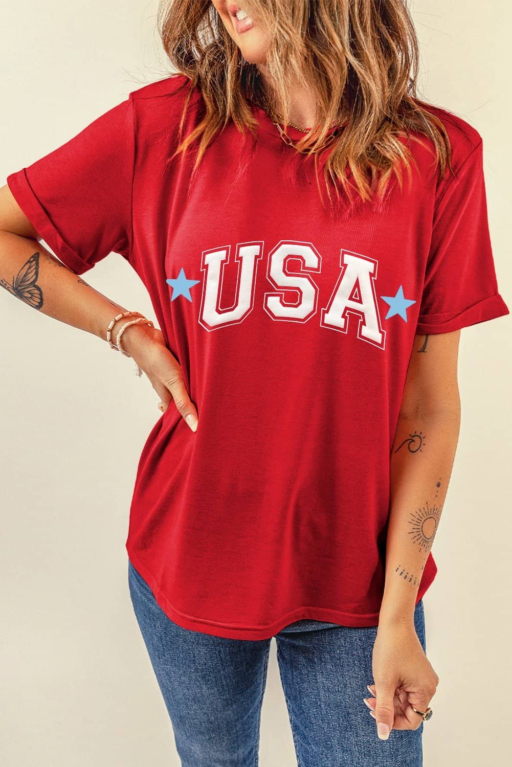 Red Star Usa Print Crewneck Patriotic T Shirt