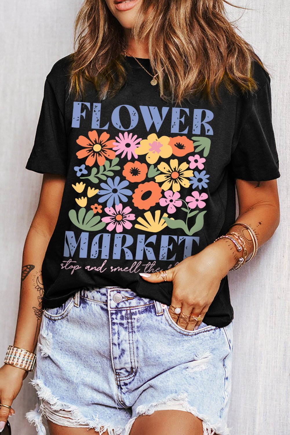 Black Flower Market Cotton Blend T Shirt