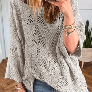 Seagrass Hollow Out Knit 7/8 Sleeve Casual Sweater