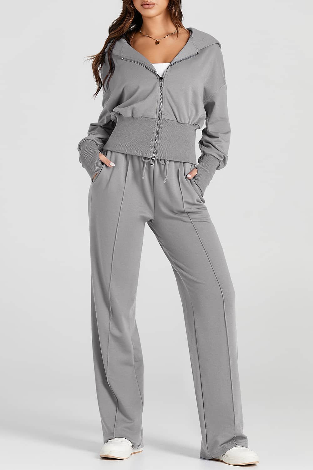 Gray Double Zipper Hooded Jacket And Sweatpants Active Set