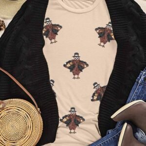Khaki Sequined Turkey Patched Pattern Crewneck Thanksgiving T Shirt