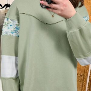 Laurel Green Floral Plaid Mixed Sleeve Raw Edge Relaxed French Terry Top