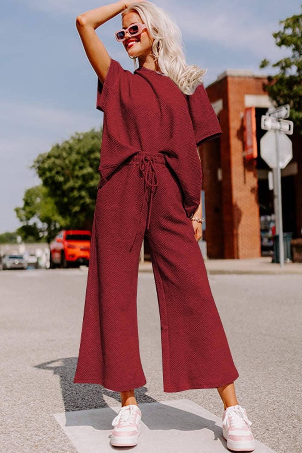Red Dahlia Textured Loose Fit T Shirt And Drawstring Pants Set