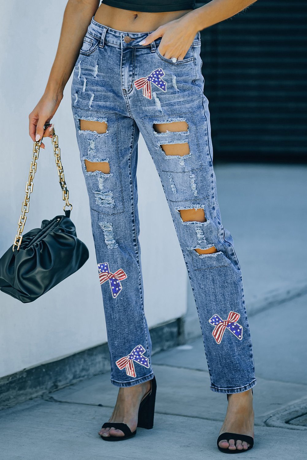 Light Blue Flag Pattern Inspired Sequin Bow Graphic Distressed Jeans