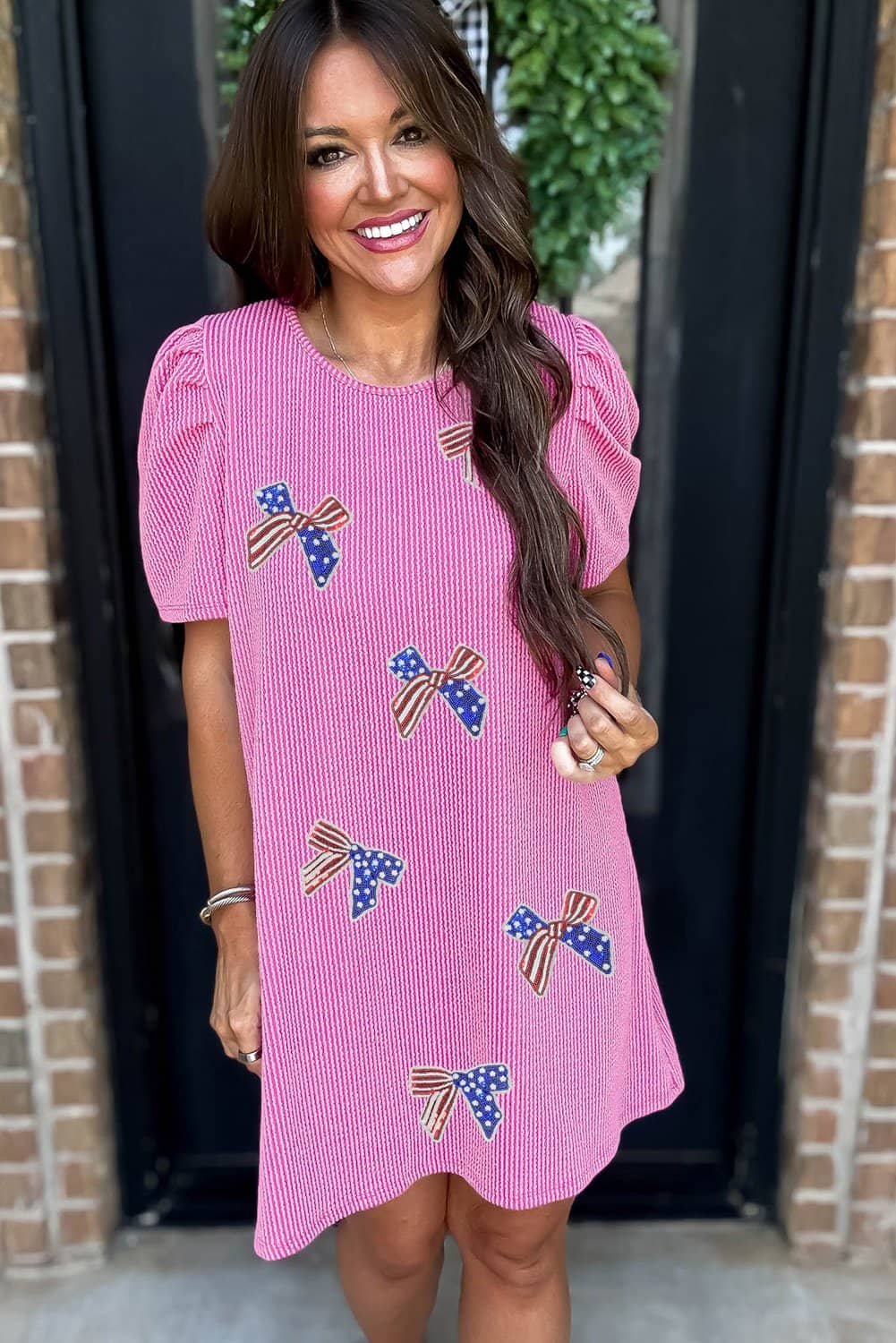 Bright Pink Flag Pattern Inspired Sequin Bow Spiral Ribbed Puff Sleeve T Shirt Dress