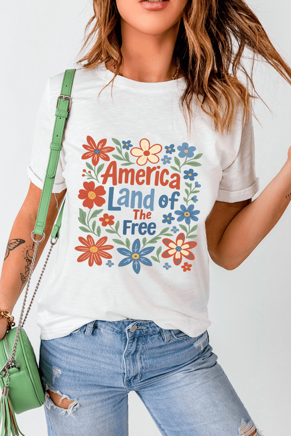 White America Land Of The Free Flower Graphic Crewneck T Shirt