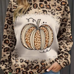 Brown Bleached Halloween Pumpkin Leopard Print Sweatshirt