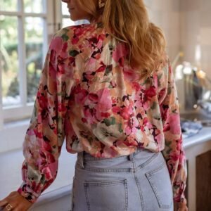 Red Floral Print Ruffled Stitch Buttoned Loose Fit Shirt