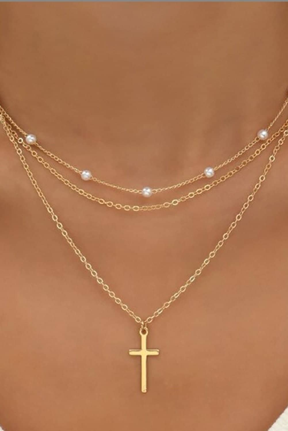 Gold Plated Cross Pendant Pearl Decor Triple Layer Chain Necklace