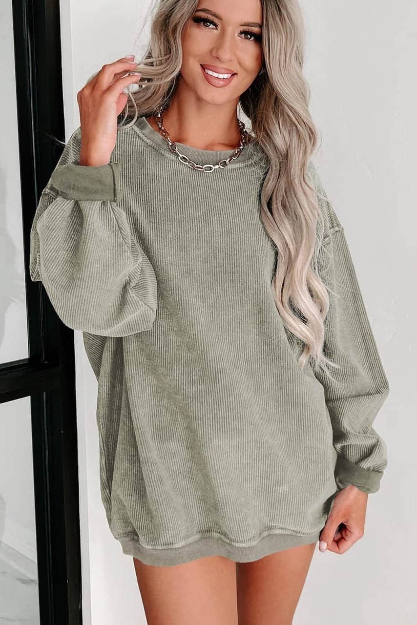 Green Solid Ribbed Knit Round Neck Pullover Sweatshirt - Image 2