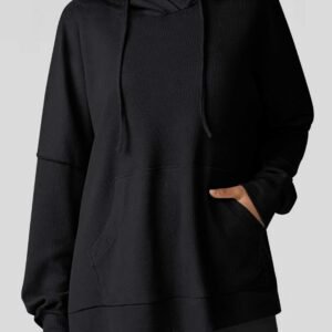 Black Waffle Knit Fleece Lined High Low Oversized Hoodie