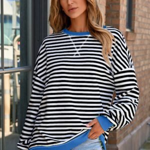 White Stripe Striped Contrast Ribbed Trim Crossed Stitch Drop Shoulder Sweatshirt