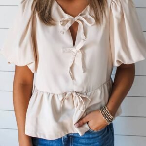 White Bow Tie Short Puff Sleeve Ruffle Hem Blouse