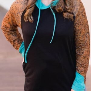 Black Western Print Color Block Plus Size Hoodie
