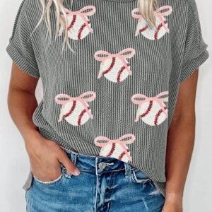 Medium Grey Twist Ribbed Sequined Bow Rugby Game Day Pattern Knit T Shirt