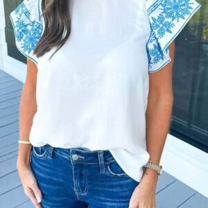 White Embroidered Ruffled Sleeve Frilled Collar Blouse
