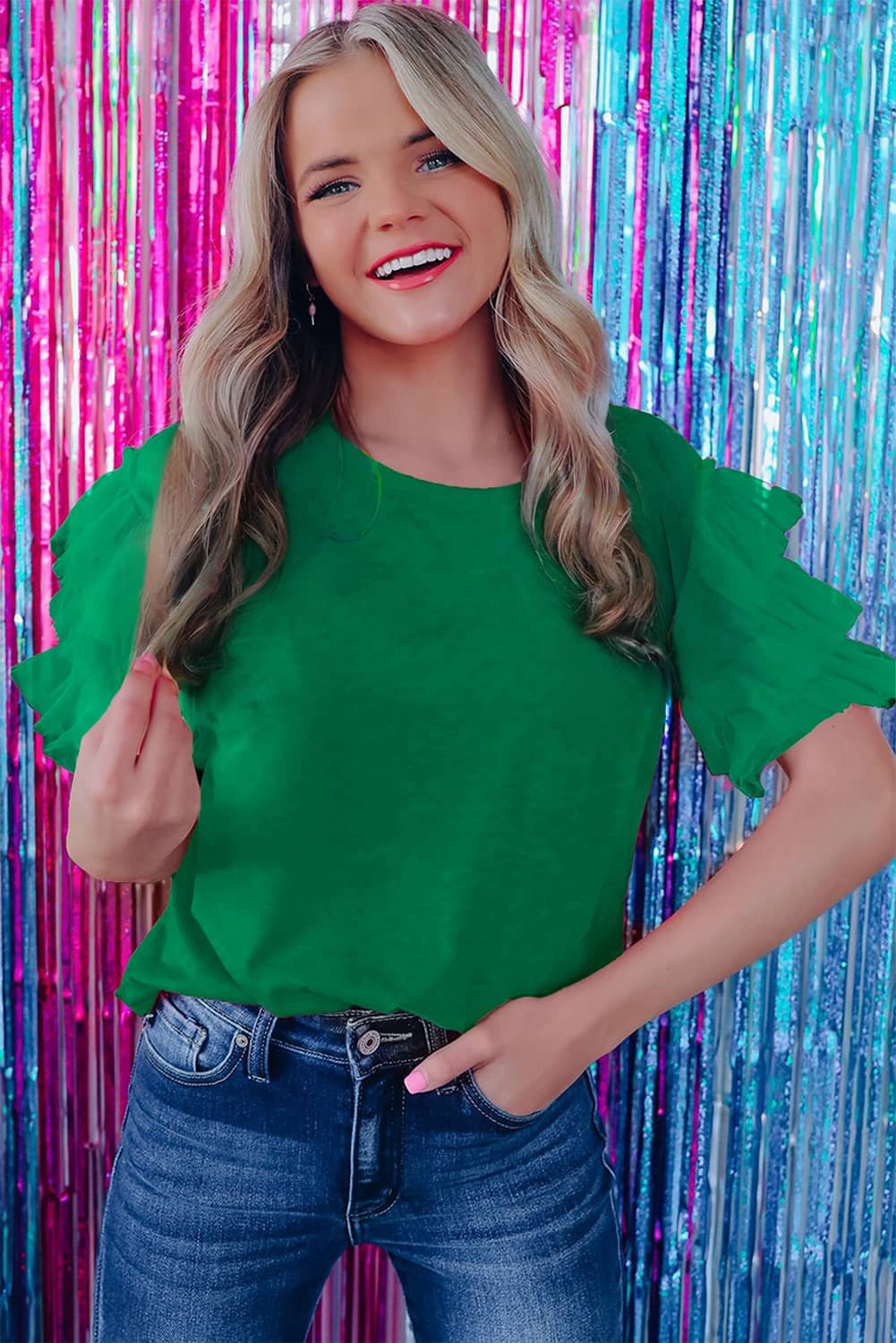 Dark Green Tulle Ruffle Sleeve Blouse