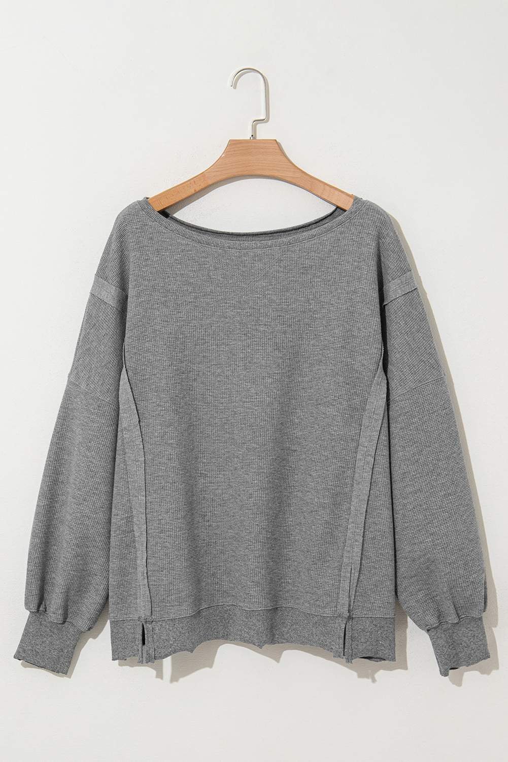 Gray Waffle Knit Bishop Sleeve Split Oversized Top