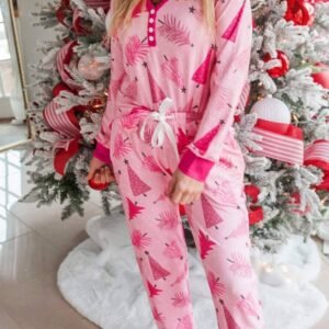 Pink Christmas Tree Print V Neck Buttoned Pullover And Drawstring Pants Lounge Set