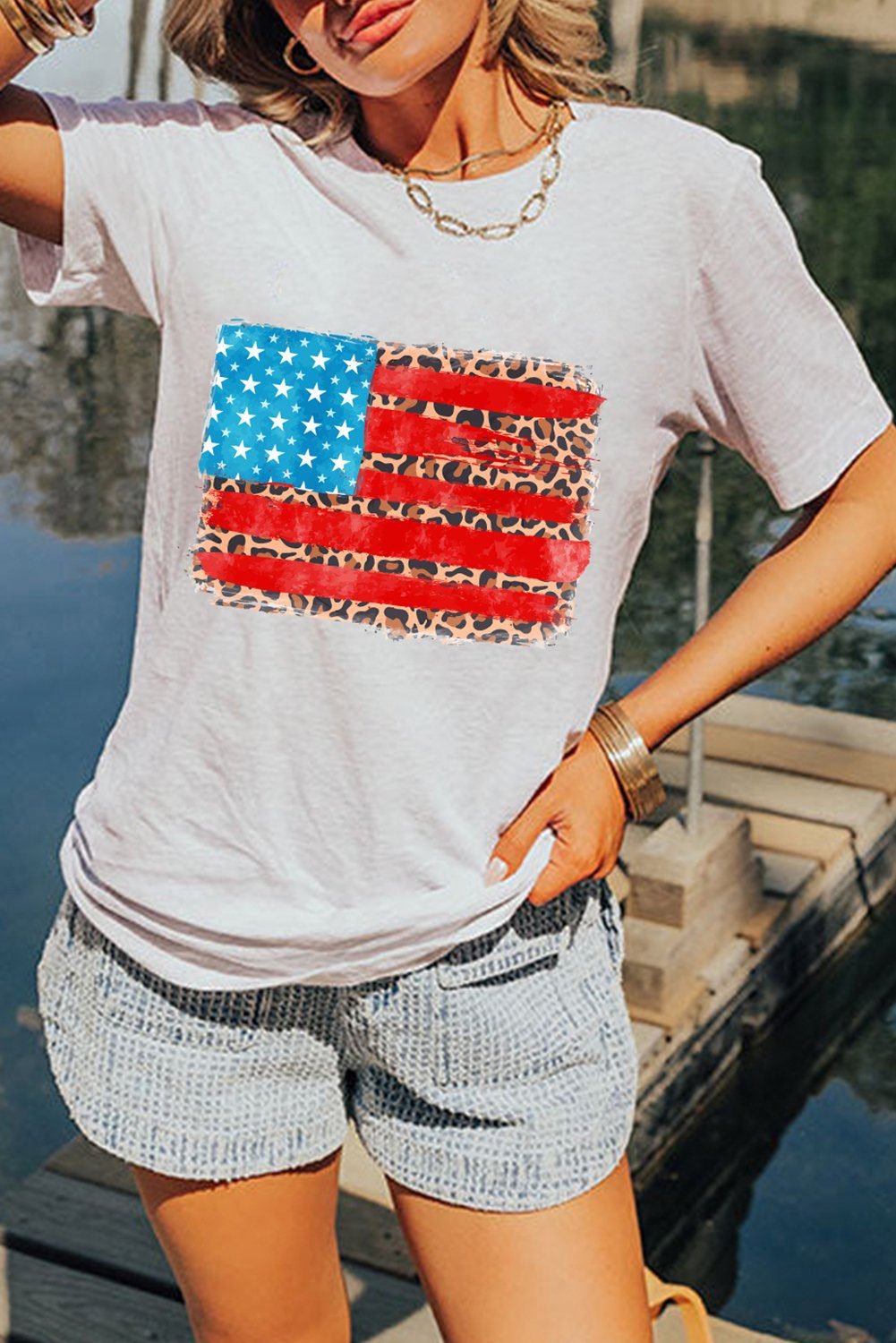 White Leopard Insert American Flag Pattern Cotton Blend T Shirt