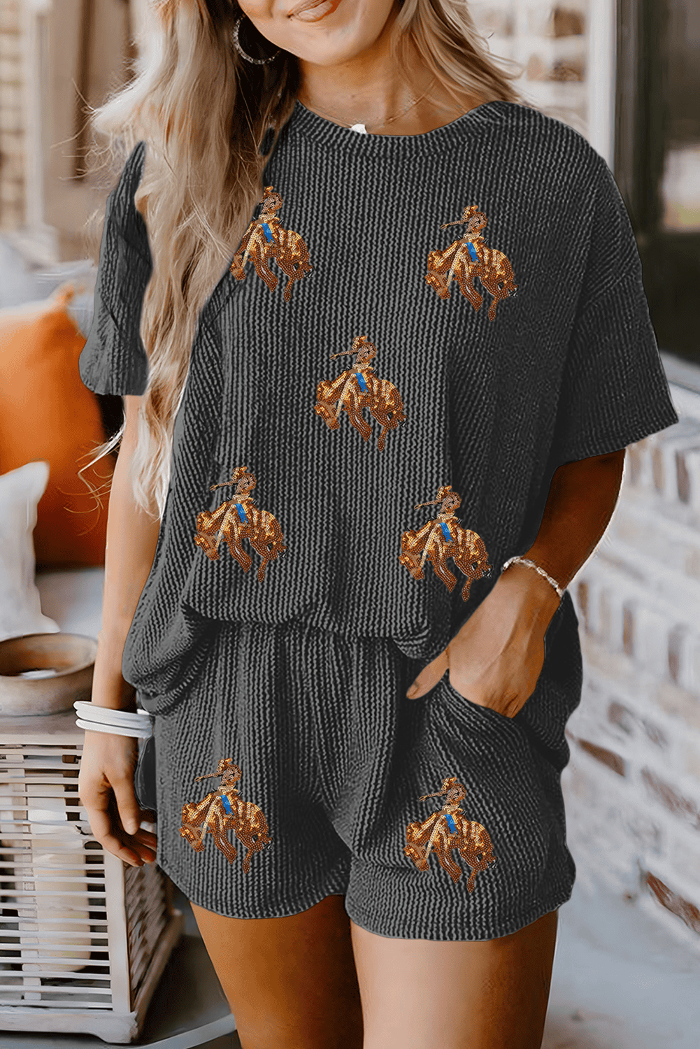 Carbon Grey Western Rodeo Graphic Patched 3D Ribbed Short 2Pcs Outfit