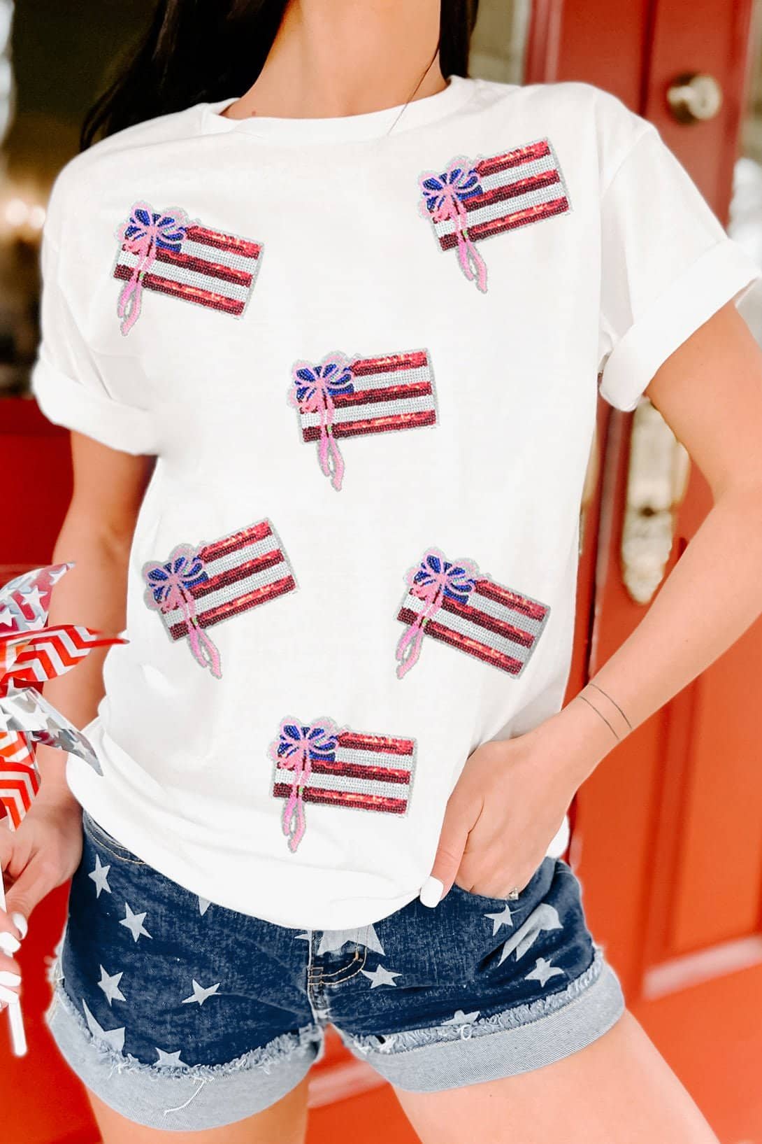 White Sequin Bow American Flag Patched T Shirt