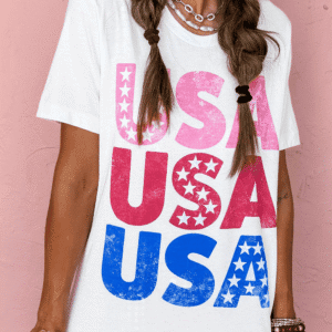 White Usa Starry Letter Graphic Cotton Blend T Shirt