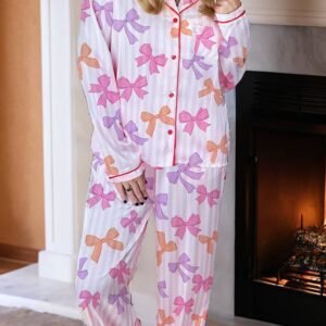 Pink Striped Bow Print Contrast Piping Trim Shirt And Pants 2Pcs Pajama Set