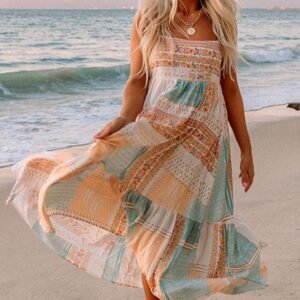 Multicolor Boho Patchwork Print Square Neck Sundress