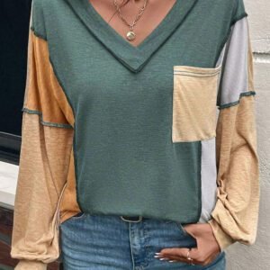 Four Leaf Clover Exposed Stitching Colorblock V Neck Long Sleeve Top