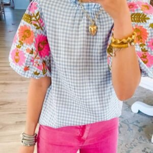 Light Blue Gingham Floral Embroidered Puff Sleeve Blouse
