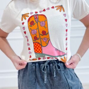White Floral Cowgirl Boots Printed Casual T Shirt