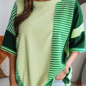Mint Green Striped Patchwork Textured Colorblock 3/4 Sleeve Knit Top