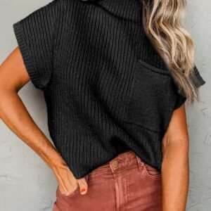 Black Patch Pocket Ribbed Knit Short Sleeve Sweater