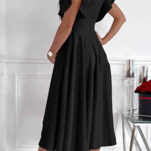 Black Ruffled Sleeve Wrap V Neck Midi Dress