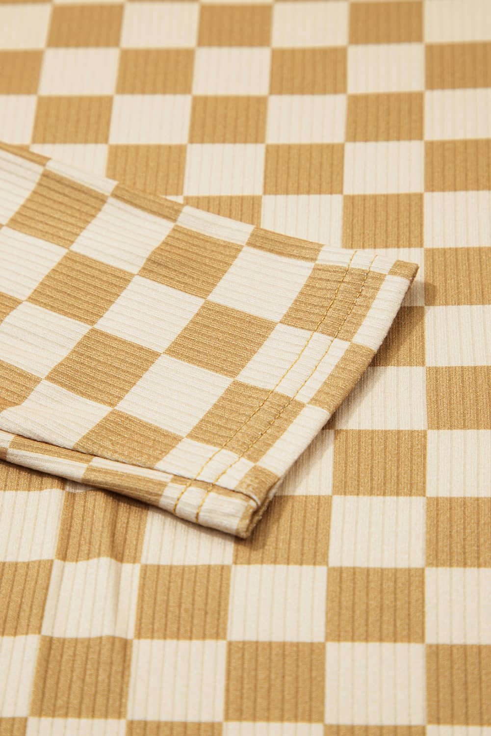 Khaki Check Pattern Turtleneck Ribbed Slim Long Sleeve Tee