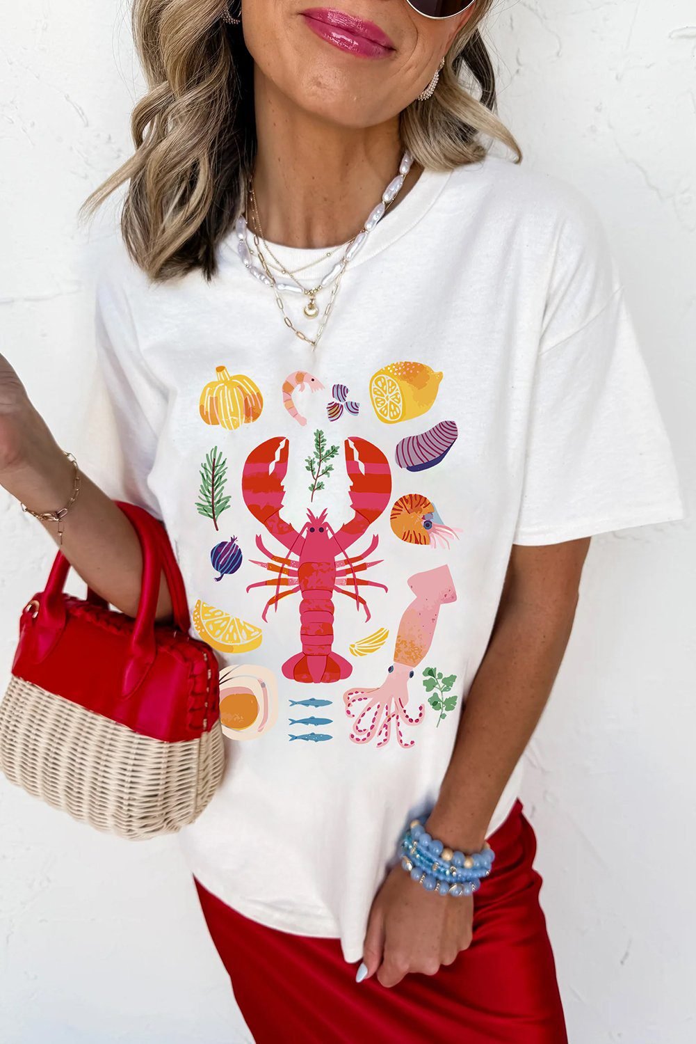 White Crawfish Food Ingredient Graphic Crewneck Tee
