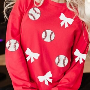 Red Sequin Baseball Bow Patched Pattern Game Day Pullover Sweatshirt