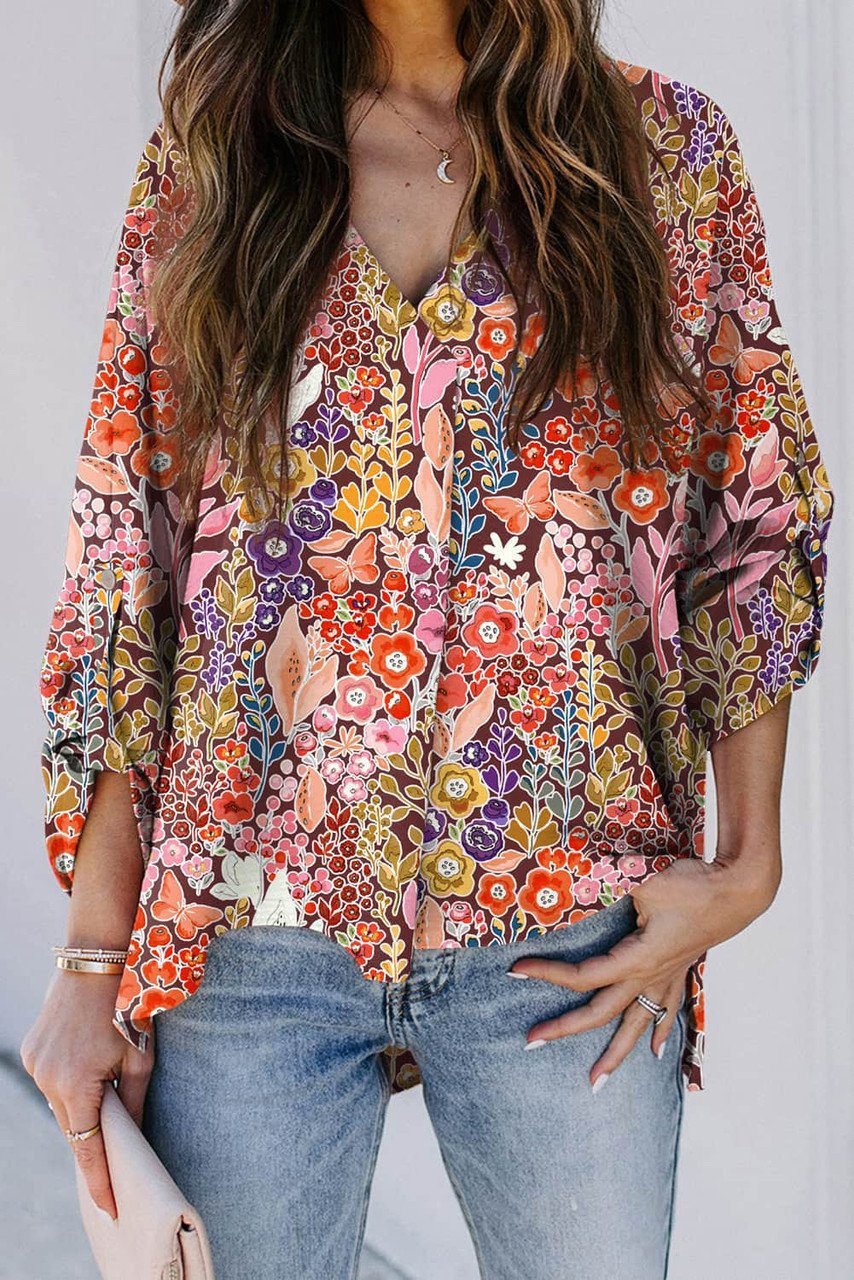 Multicolor Boho Floral Long Sleeve V-Neck Blouse