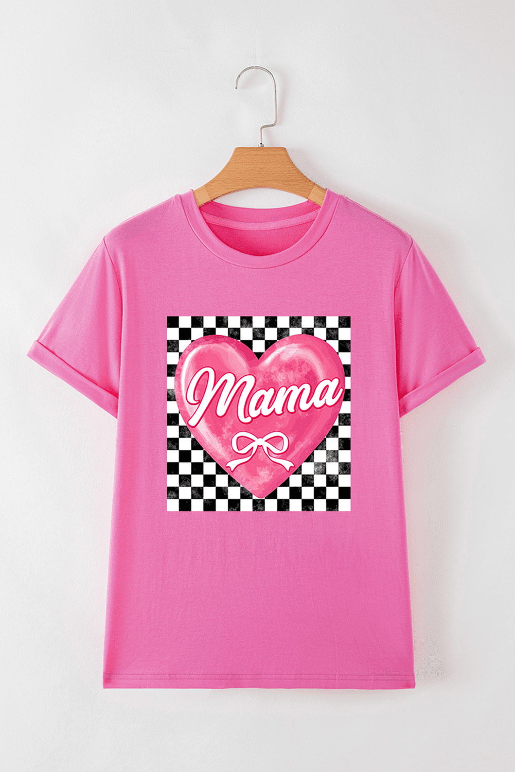 Sachet Pink Checkered Heart Pattern Mama Bow Graphic Tee