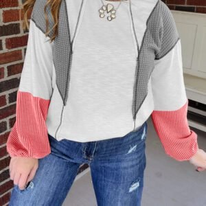 White Contrast Block Mixed Textured Knit Patchwork Casual Top
