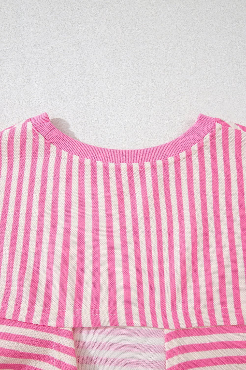 Pink Stripe Bowknot Cutout Back Drop Shoulder Wide Bracelet Sleeve Loose Tee